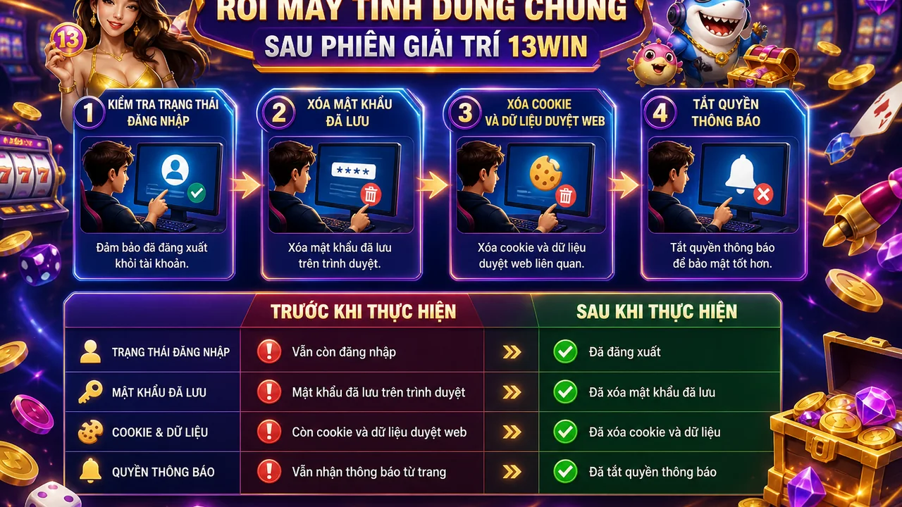 Checklist rời máy dùng chung sau phiên chơi: xóa dữ liệu đăng nhập 13win đúng cách
