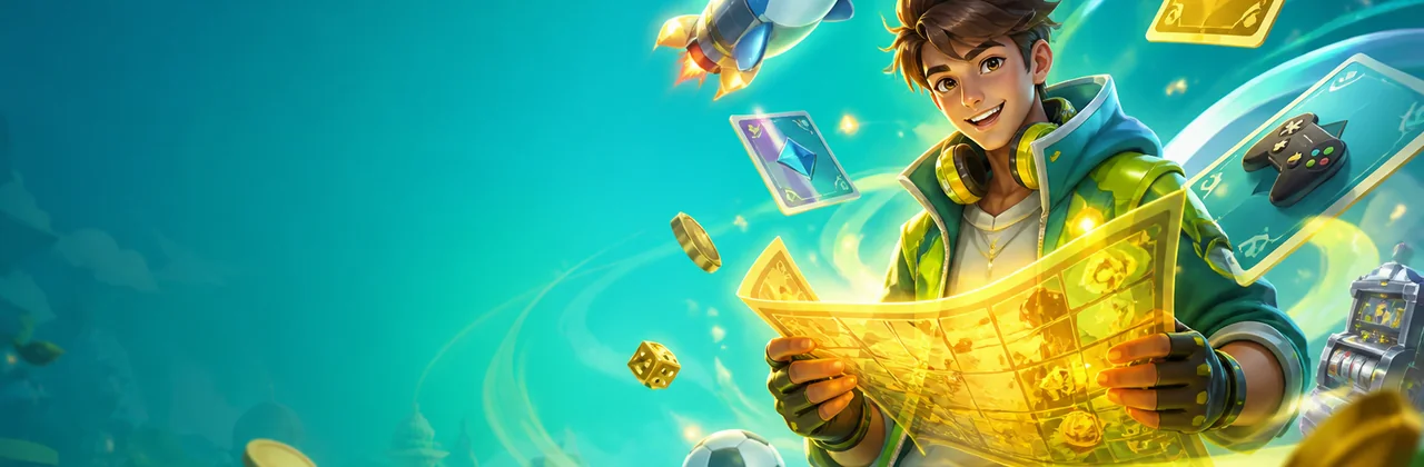 Banner nhập môn 13win với nhân vật hướng dẫn và bản đồ game phát sáng