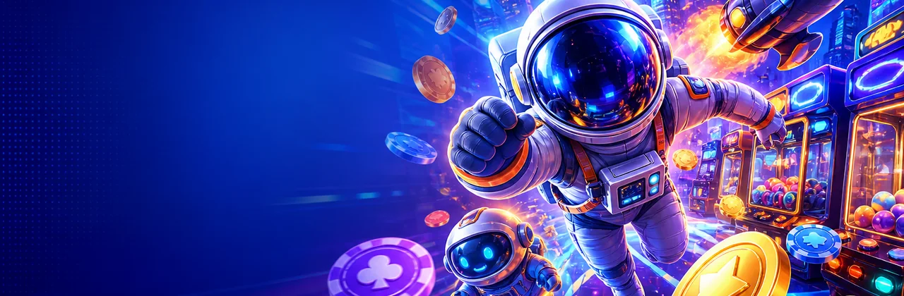 Banner sảnh game nổi bật với thành phố arcade tương lai