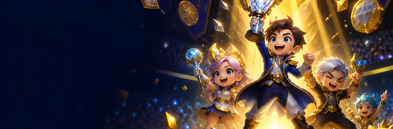 Banner đua top với nhân vật vô địch và cúp pha lê
